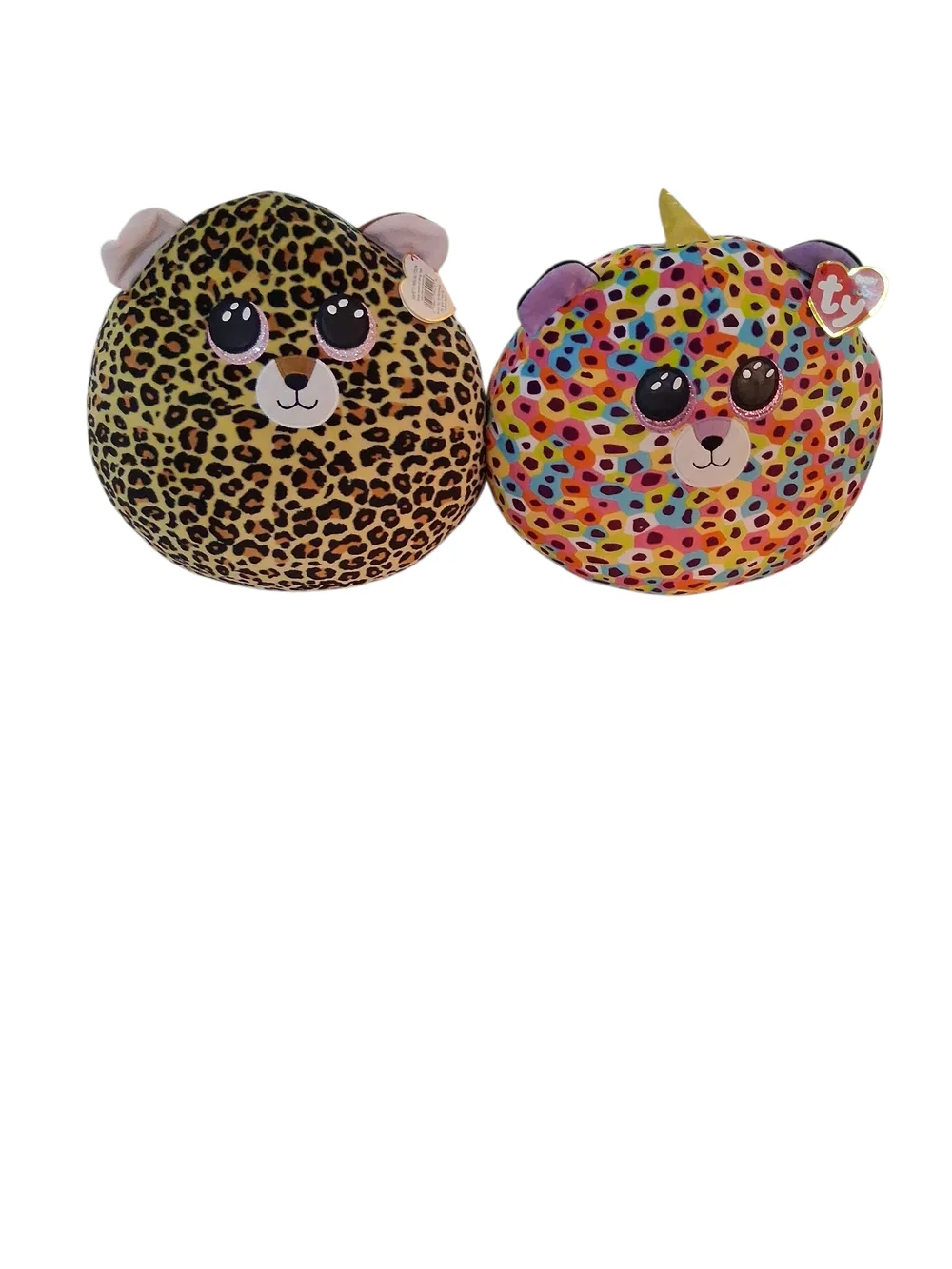 TY Bundle of 2 Plush Squish-A-Boo Leopard & Rainbow Unicorn Round Plush